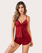 Modal pajama cami and shorts set in wine red with lace trim and V-neck