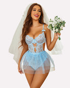Light blue lace bodysuit with mesh mini skirt, underwire cups and bow-detail straps.