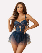 Blue lace bodysuit with mesh mini skirt, structured cups and tutu-style tulle