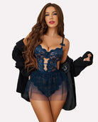 Dark blue lace bodysuit with mesh mini skirt, underwire cups and bow straps