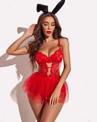 Red lace bodysuit with mesh mini skirt, side pose