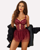 Burgundy lace bodysuit with mesh mini skirt, sheer tulle overlay and bow detail