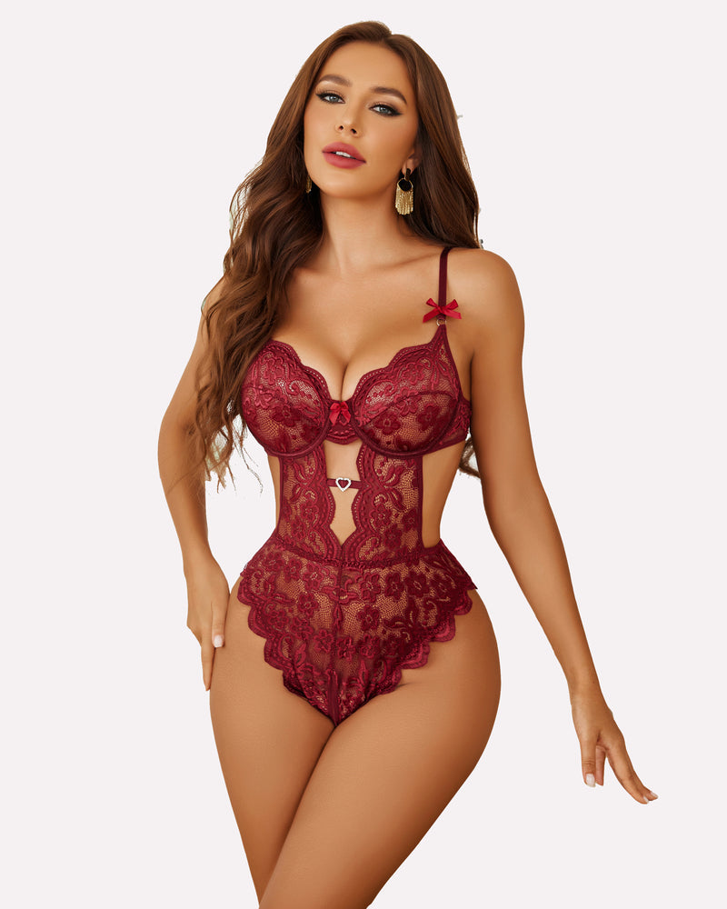 Burgundy lace bodysuit with mesh mini skirt, scalloped lace trim and bow straps