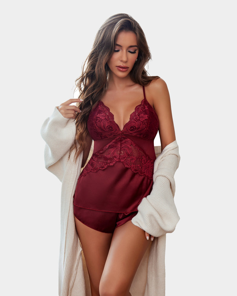 Burgundy satin pajama set with lace bust cami and matching shorts