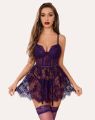 Lace slip dress with garter belt, purple lace bodice and sheer flared skirt