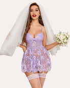 Lilac lace print slip dress with garter belt, lace bodice and flared mini skirt