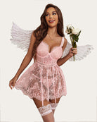 Pink lace print slip dress with garter belt, lace garter stockings, underwire cups, thin straps