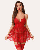 Red lace babydoll slip dress with corset waist detail and layered skirt