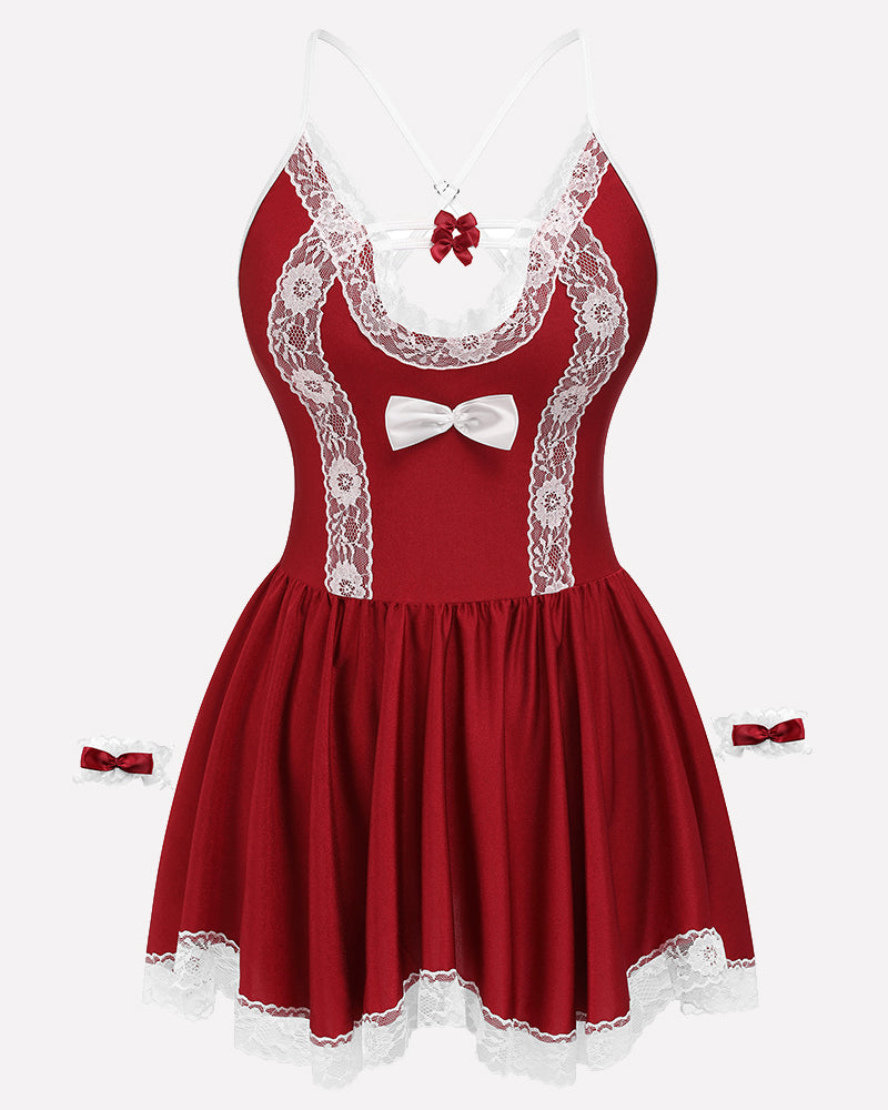 Wine red lingerie babydoll dress with white lace trim, bow accents, and ruffled skirt