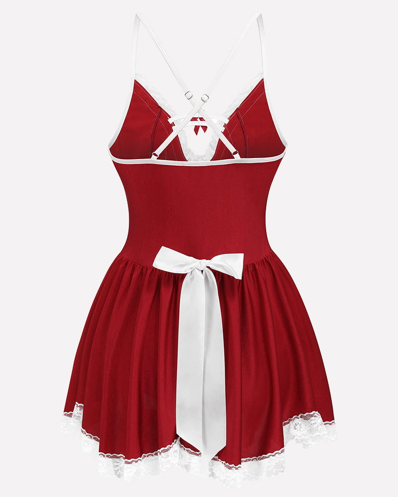 Wine red mesh babydoll dress with white bow tie at waist and lace-trimmed ruffled hem