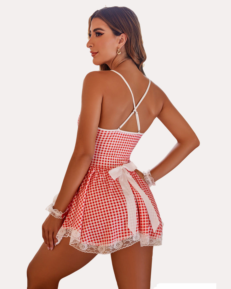 Red and white plaid babydoll nightdress with crisscross open-back straps and white lace hem