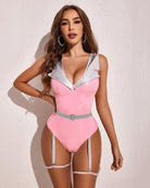 Pink snap-crotch mini teddy with silver V-neck trim and garter straps