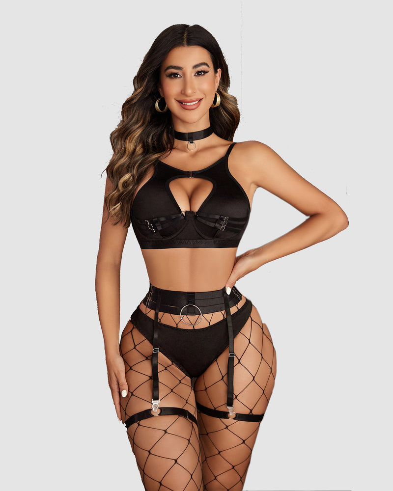 Black push-up bondage lingerie set with bra, panties, garters and mesh stockings