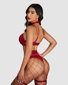 Red push-up bondage lingerie set with back straps, bra, panties, garters and mesh stockings