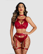 Red push-up bondage lingerie set with bra, panties, garter straps, choker and mesh stockings