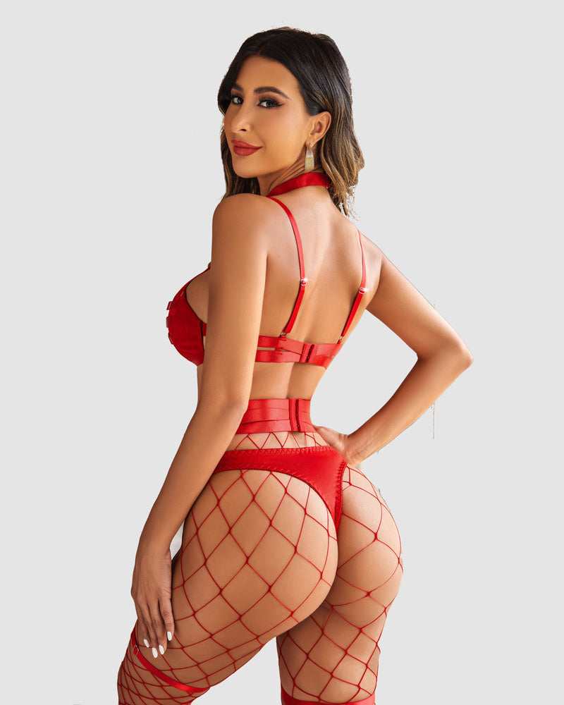 Red 5-piece lingerie set with strappy push-up bra, garters, panties, and choker