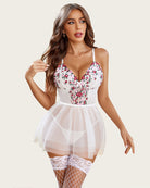 White floral embroidered lace babydoll with plunge bust and sheer tulle skirt