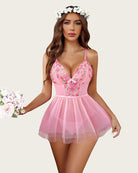 Pink floral embroidered lace babydoll with thin straps and tulle skirt