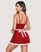 Wine red maid costume dress with lace back trim and white bow waist sash