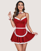 Wine red maid costume dress set with white lace trim, choker, and matching cuffs