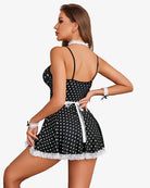 Maid costume dress set in black polka dots with white lace trim, choker and gloves