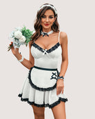 White maid costume dress set with lace trim, choker, and apron-style waist sash