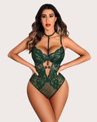 Floral lace snap teddy bodysuit in dark green, lace cups with center ring detail