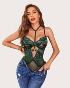 Floral lace snap teddy bodysuit in dark green, lace cups and diamond mesh front