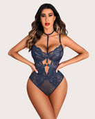 Floral lace snap teddy bodysuit in navy blue, lace cups with center cutout
