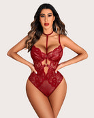 Red floral lace teddy bodysuit with high-cut legs and lace mesh panel