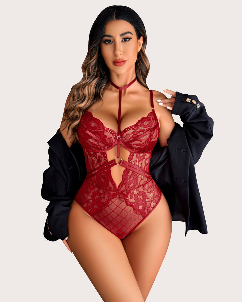 Red floral lace teddy bodysuit with underwire cups and front crisscross straps