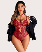 Red floral lace teddy bodysuit with underwire cups and front crisscross straps
