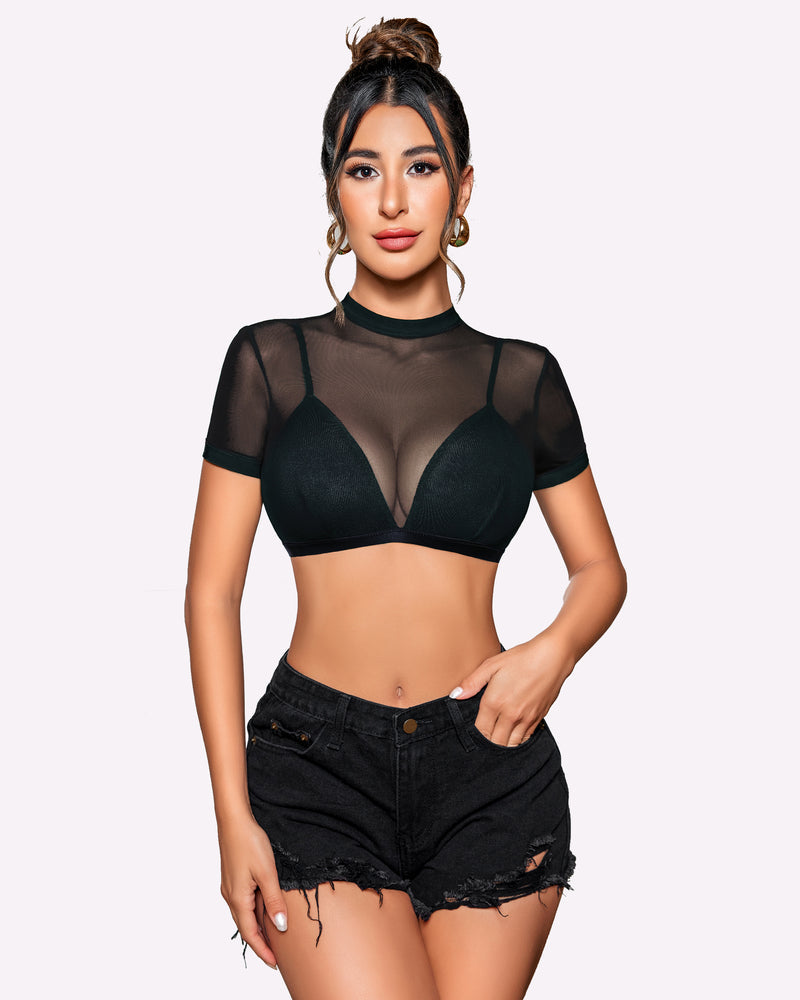 Black sheer short sleeve shirt with bra, mock neck and geometric paneling