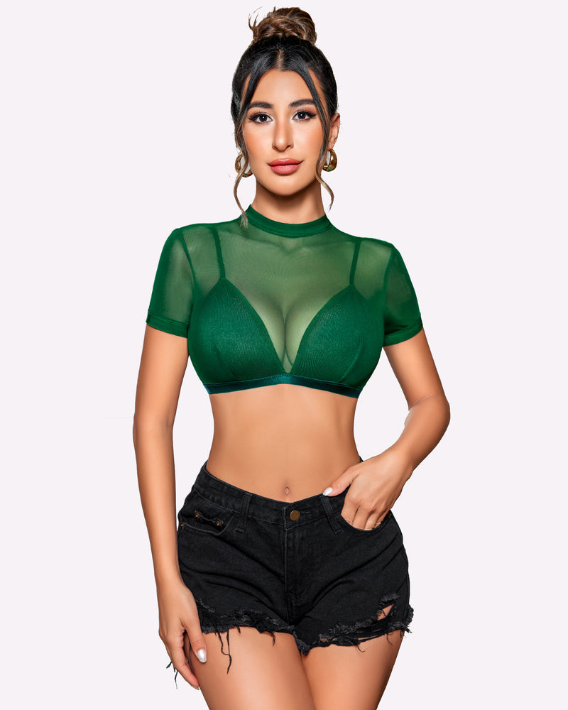 Green see-through short-sleeve shirt with bra, mesh neckline