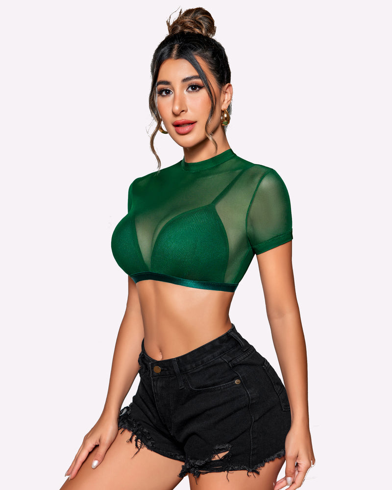 Green see-through short-sleeve shirt with bra, sheer bodice