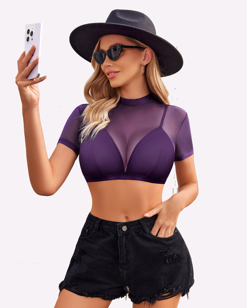 Purple see-through short-sleeve shirt with bra, mesh front