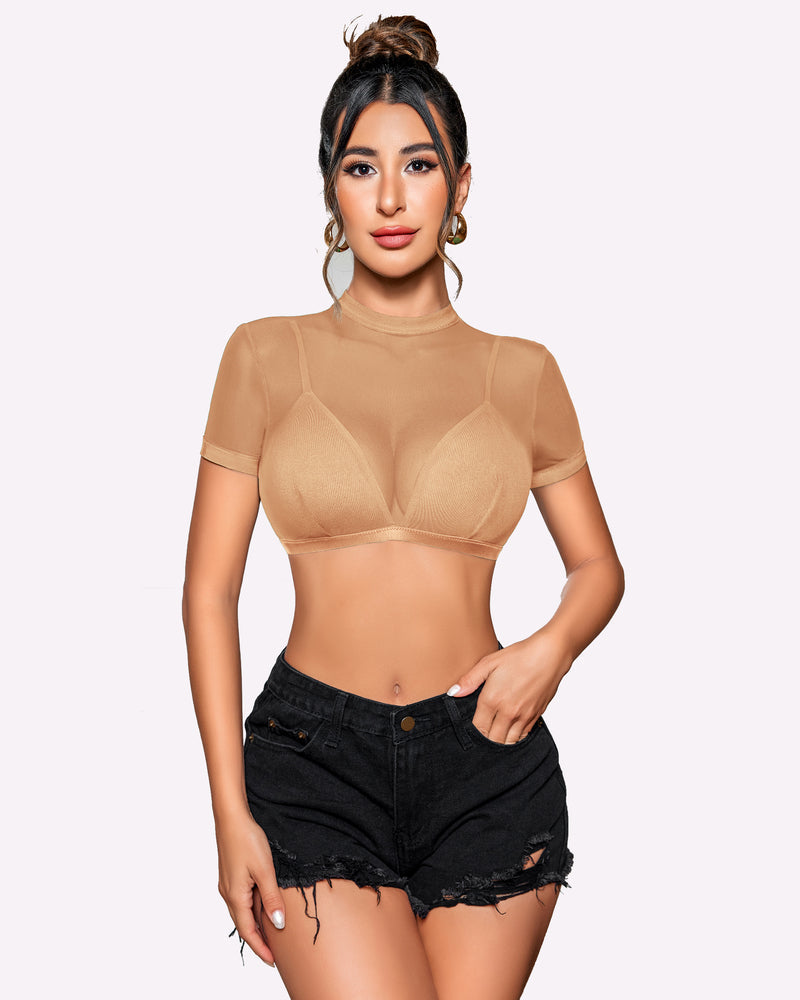 Tan see-through short-sleeve shirt with bra, sheer neckline