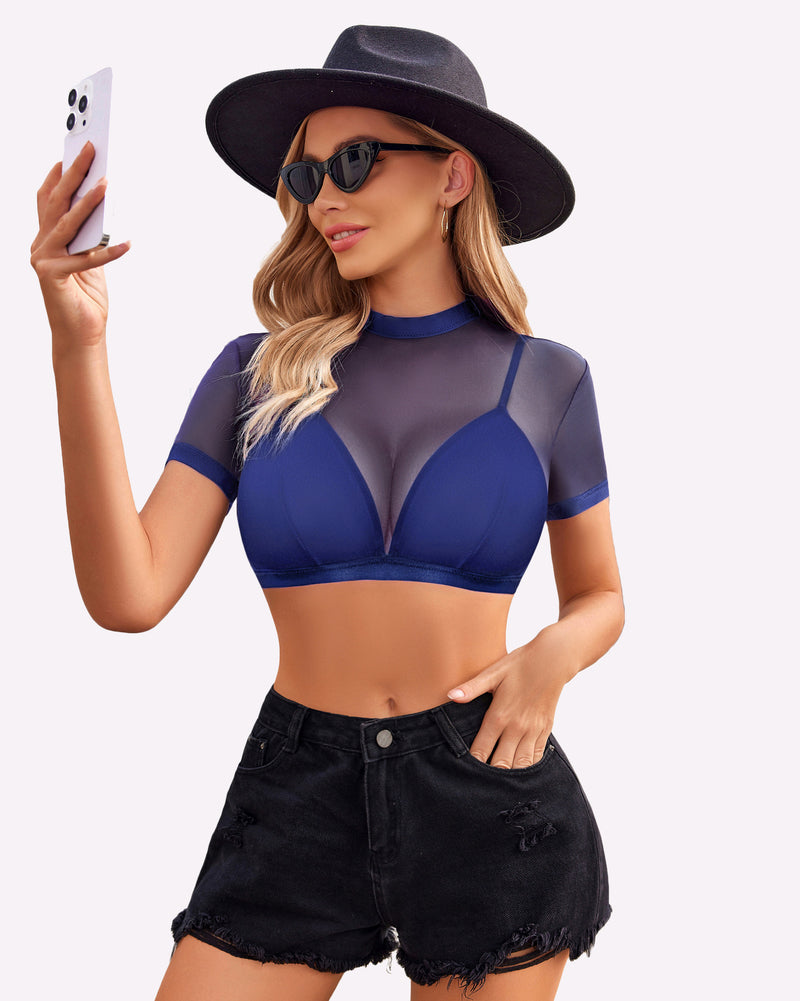 Sheer short-sleeve bra top, blue with deep V front and mesh cup panels