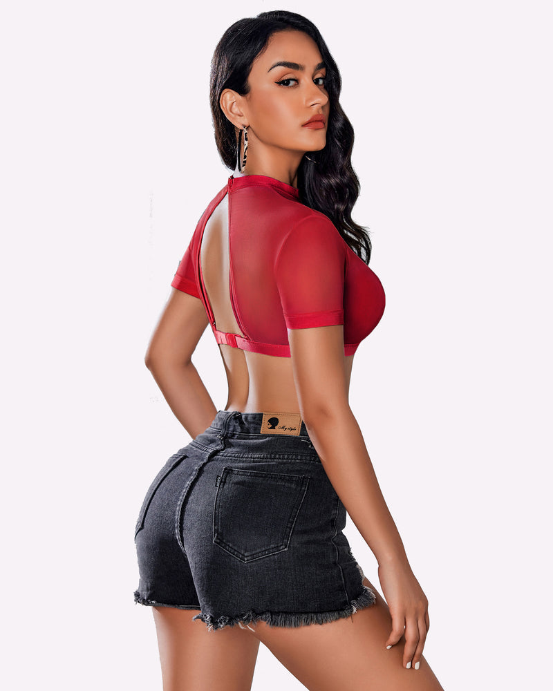 Red see-through short-sleeve shirt with bra, open back strappy design