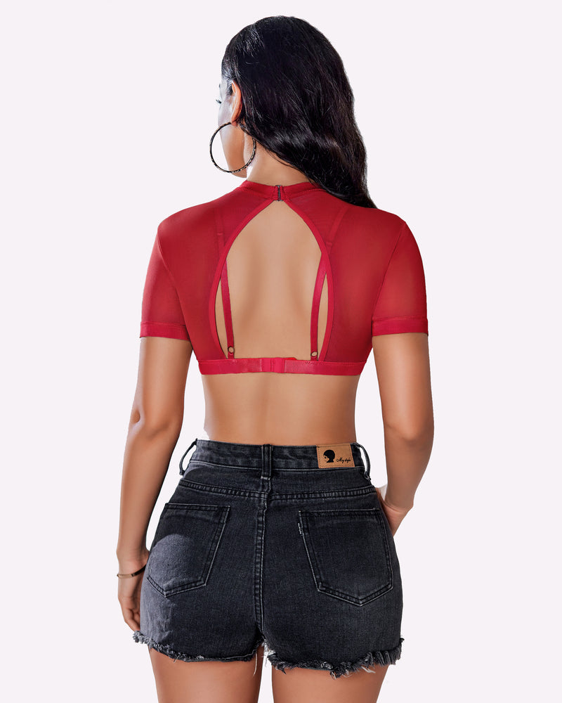 Red see-through short-sleeve shirt with bra, back open with vertical straps