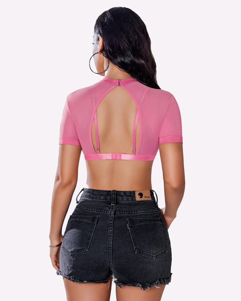 Sheer short-sleeve bra top, pink with open-back straps and mesh paneling