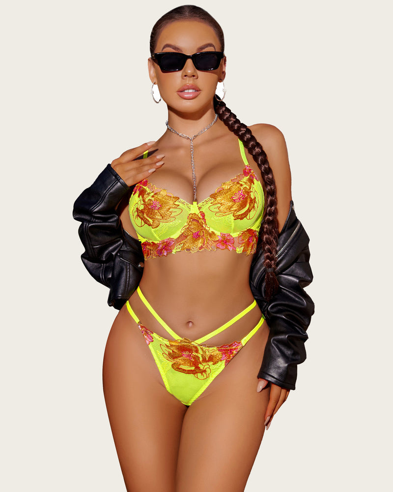 Floral embroidery underwire lingerie set with yellow-gold embroidery and neon green trim