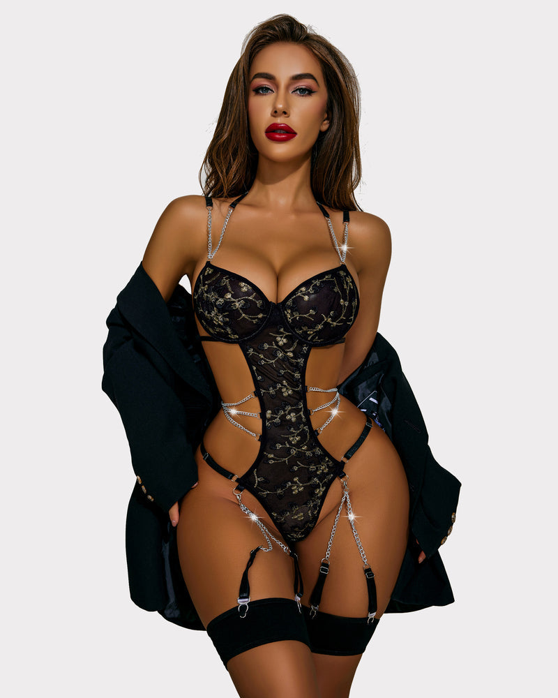 Black floral bodysuit lingerie set with underwire bra and chain garter straps