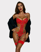 Red floral bodysuit lingerie set with underwire bra and chain garter straps