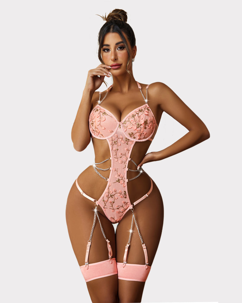 Pink floral bodysuit lingerie set with underwire bra and garter straps