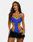Floral bodysuit lingerie set with push-up cups and chain garters, blue