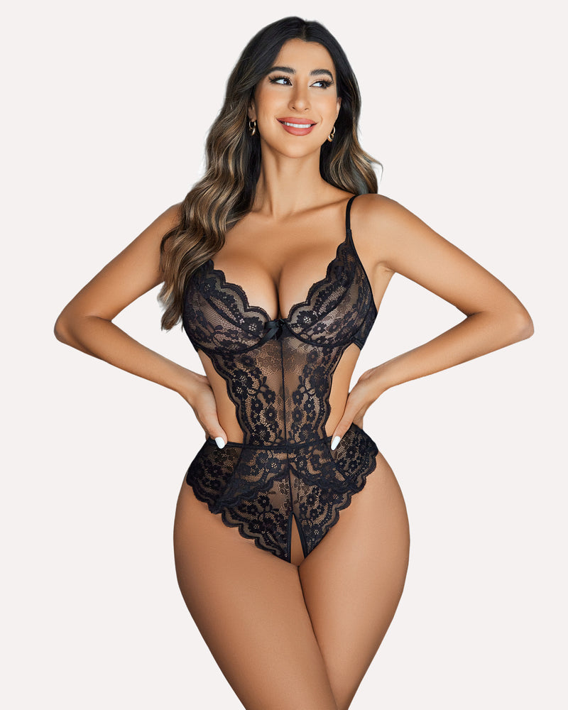 Black lace one-piece bodysuit with V-neck, longline bodice, and sheer mid panel