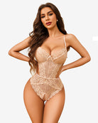 Beige lace bodysuit with underwire cups and scalloped lace thong with keyhole detail.