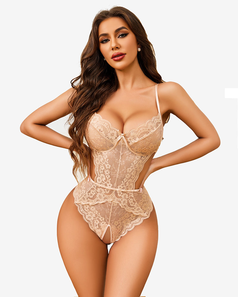 Beige lace bodysuit with underwire cups and scalloped lace thong with keyhole detail.