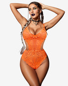 Orange lace bodysuit with underwire cups, lace paneling, and scalloped thong trim.